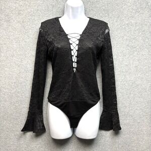 WAYF Lace Body Suit Size S Black Sheer Ruffle Sleeve Lace Up Whimsigoth Vamp